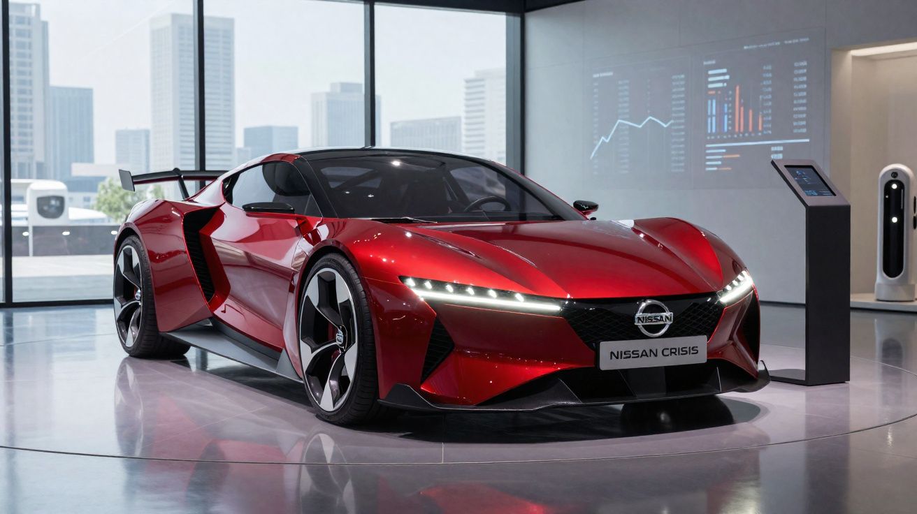 Carro desportivo vermelho Nissan Crisis exposto em sala moderna com grandes janelas e gráficos digitais.