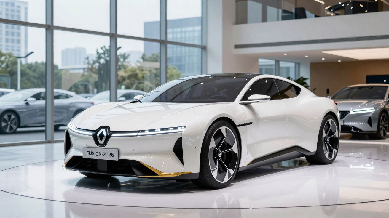 Carro desportivo branco Renault Fusion 2026 exposto numa sala de showroom moderna com grandes janelas.