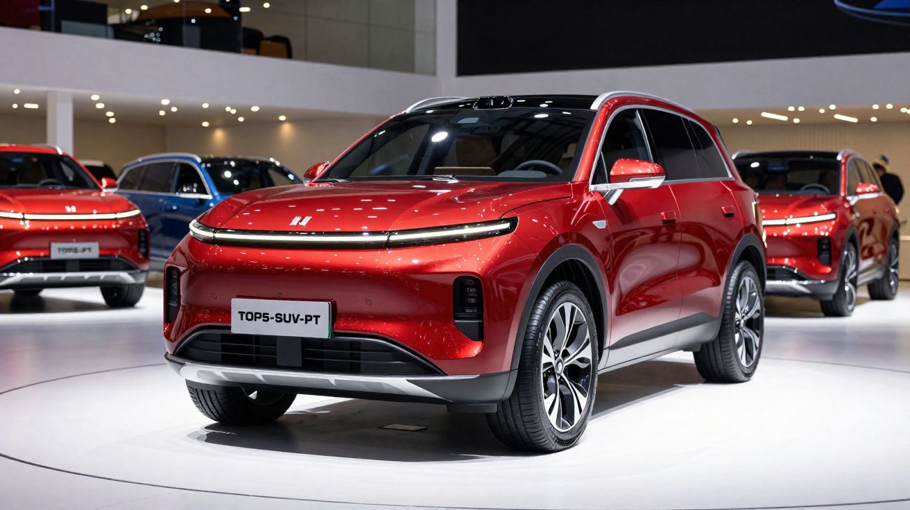 Carro SUV vermelho moderno exposto em salão automóvel com outros veículos ao fundo.