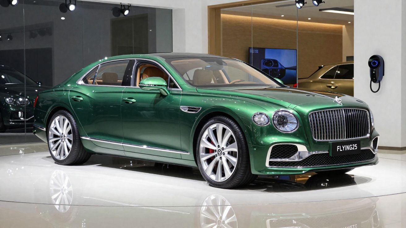 Carro de luxo verde metálico Bentley Flying Spur estacionado numa exposição interior moderna.