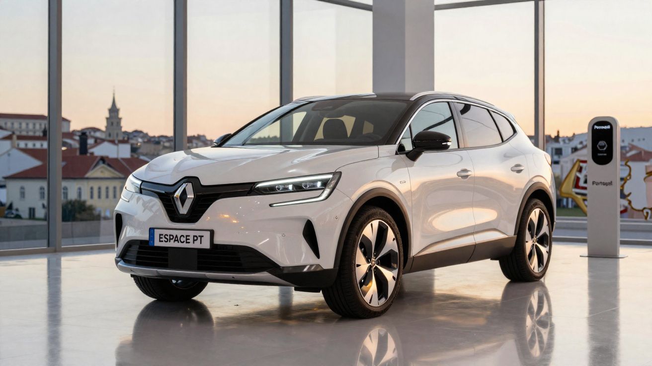 Renault Espace eléctrico branco estacionado em showroom moderno com grandes janelas e estação de carregamento.