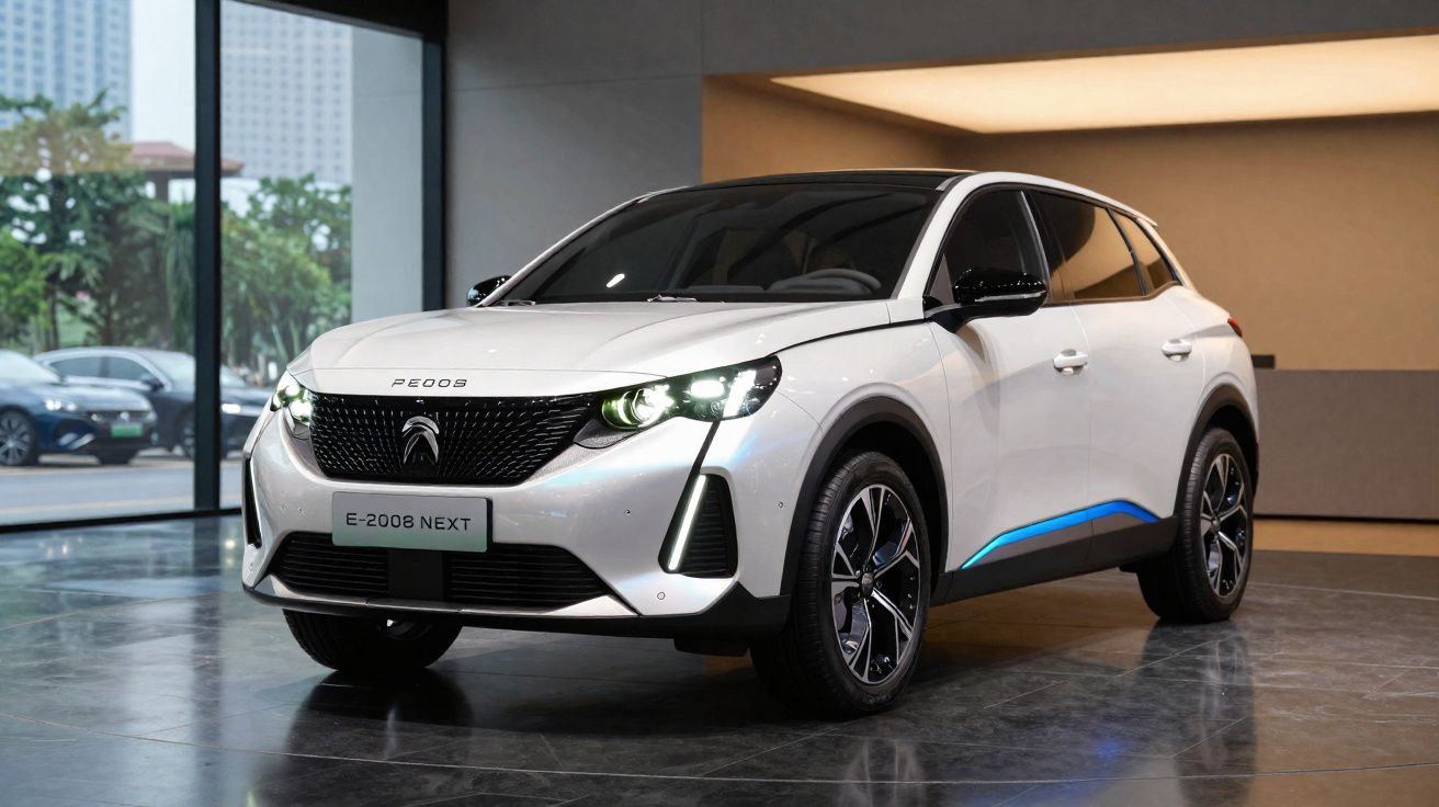 Peugeot E-2008 Next branco estacionado numa sala moderna com piso em mármore e luz interior.