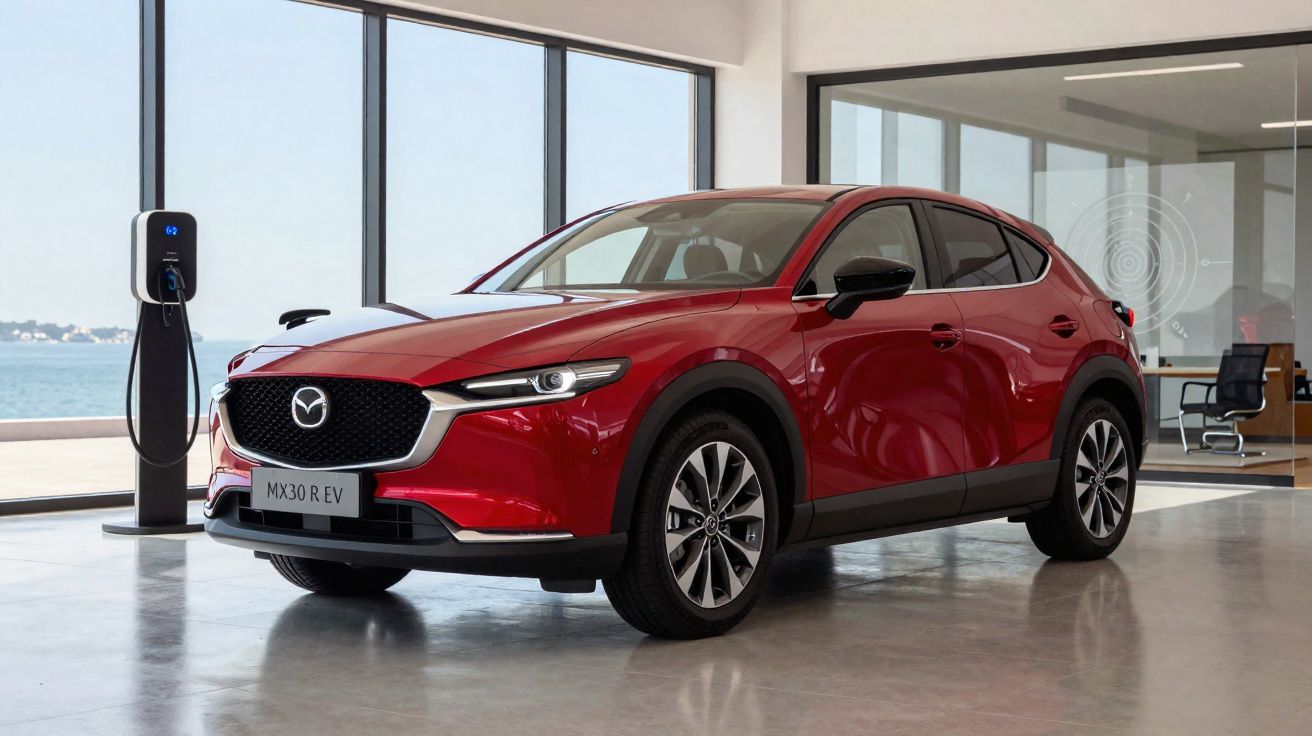 Carro elétrico Mazda MX-30 vermelho a carregar em carregador numa garagem moderna com janelas grandes.