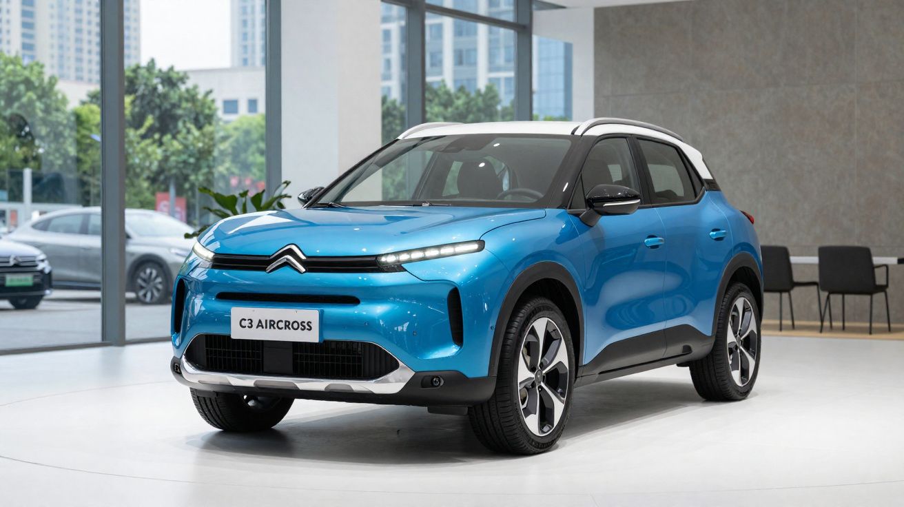 Carro Citroën C3 Aircross azul exposto numa sala moderna com janelas amplas e cadeiras ao fundo.