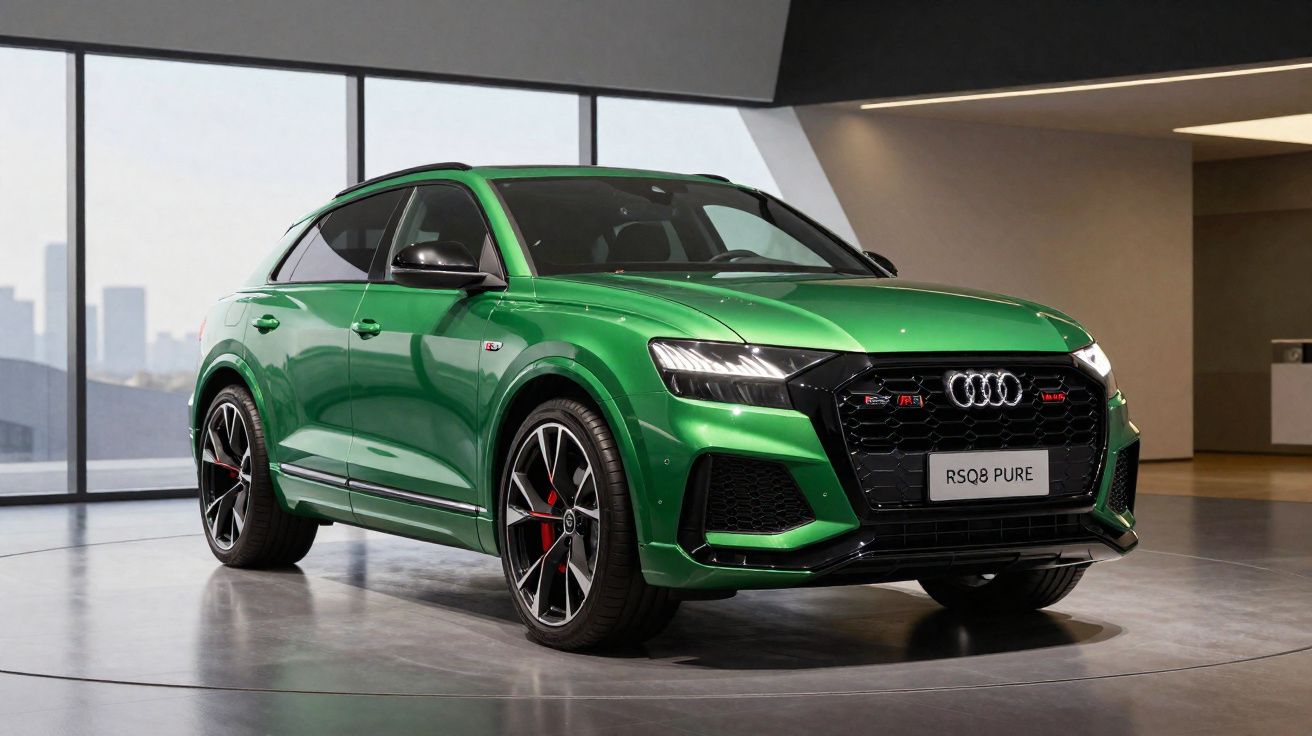 Audi RS Q8 verde numa exposição moderna com iluminação interior e janelas amplas ao fundo.