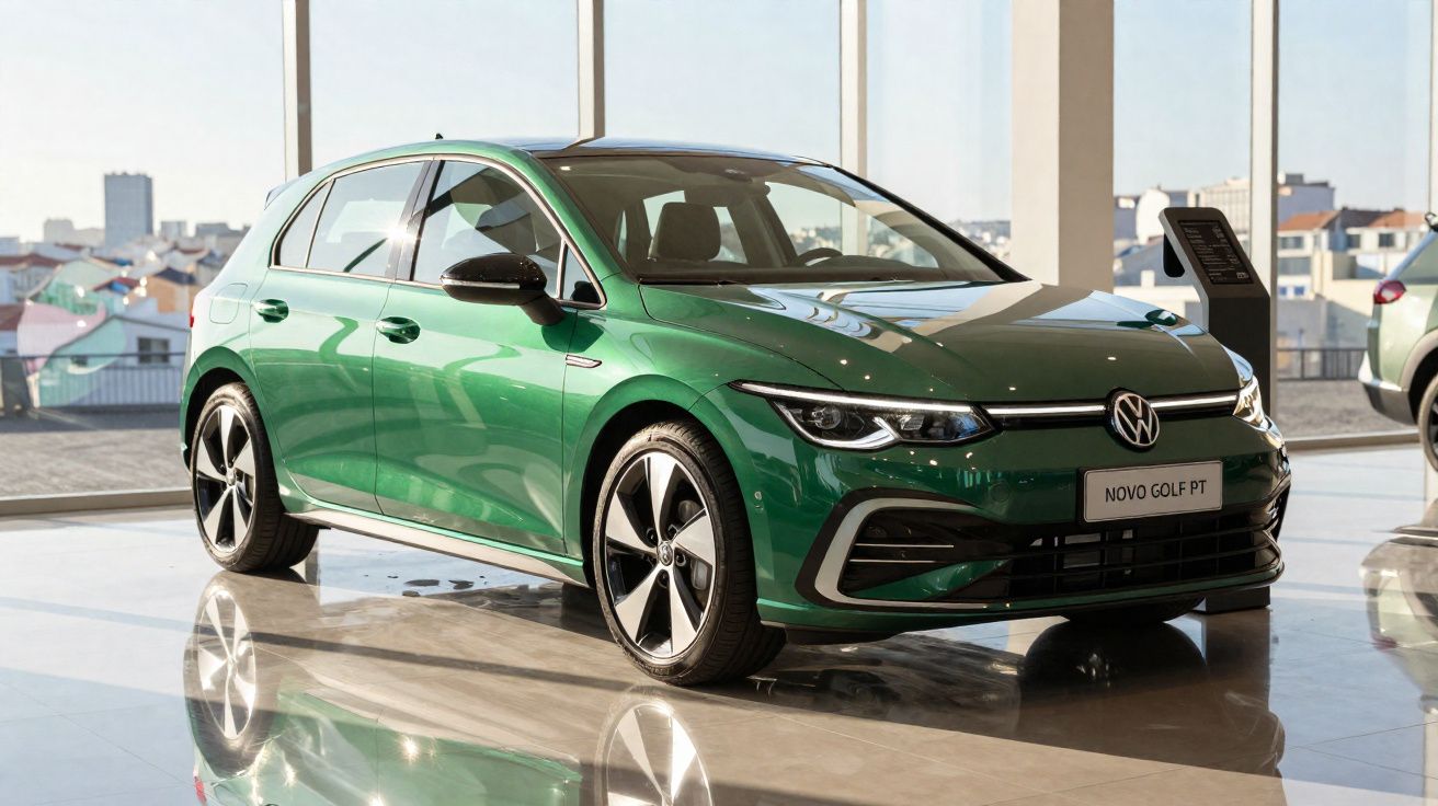 Carro Volkswagen Golf verde exposado em showroom com janelas amplas e vista urbana ao fundo.