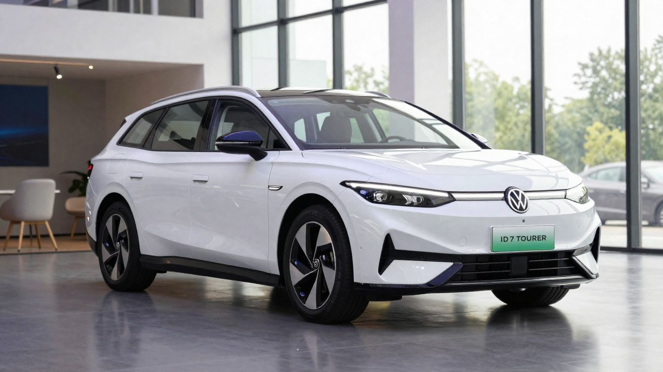 Carro elétrico branco Volkswagen ID.7 Tourer estacionado numa sala com janelas grandes e chão cinzento.