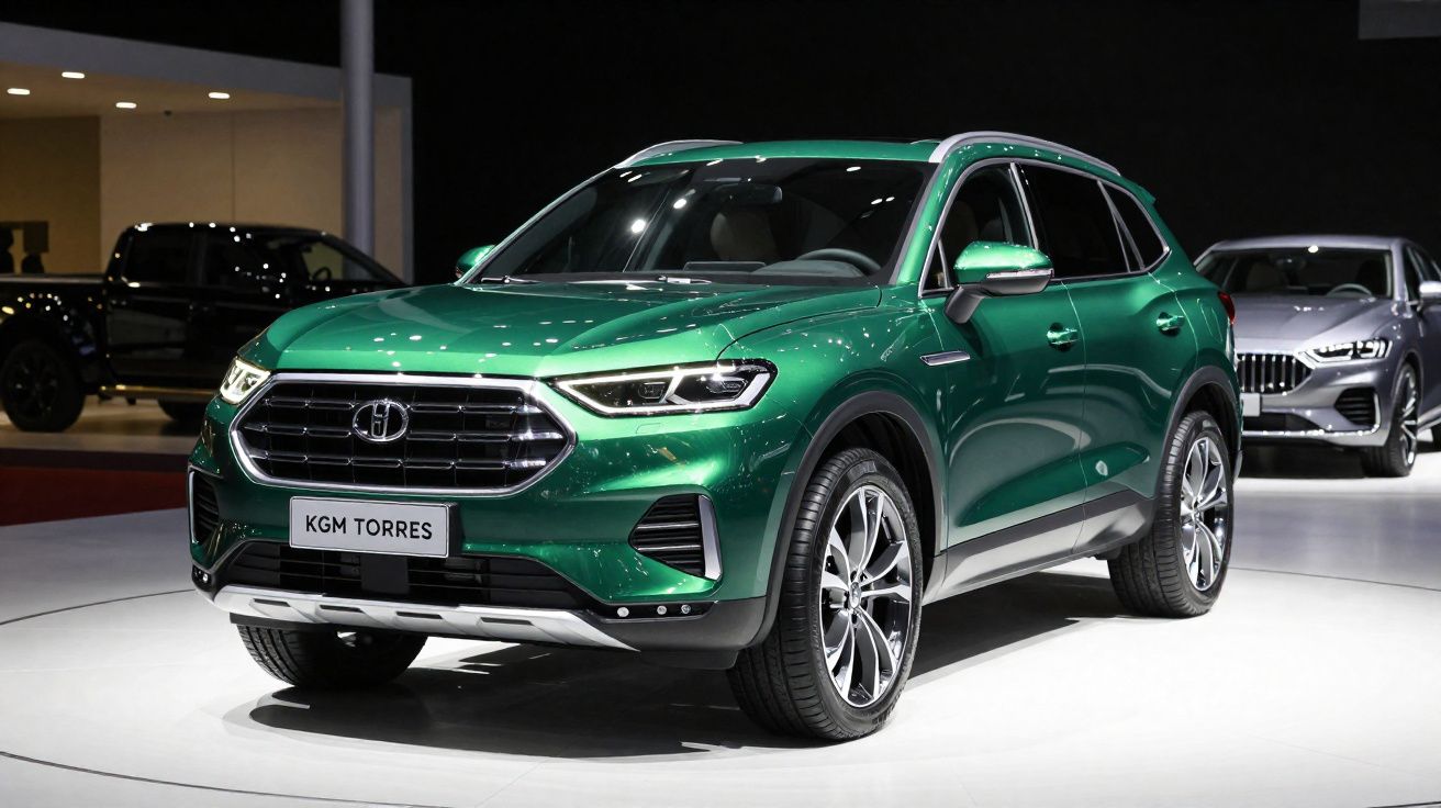 Carro SUV verde metálico em exposição num salão automóvel com outros veículos em segundo plano.