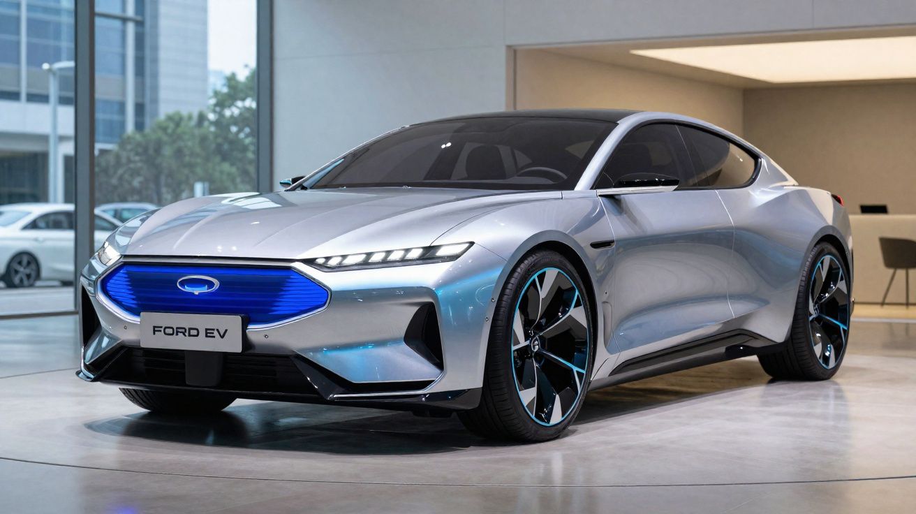 Carro desportivo elétrico Ford EV prata exposto num salão moderno e luminoso.