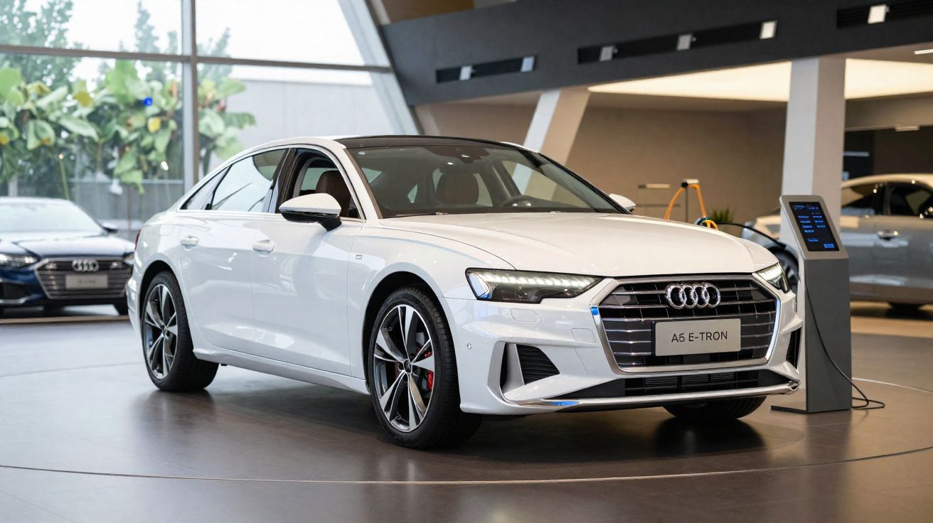Carro branco elétrico Audi A6 e-tron em exposição dentro de concessionário moderno.