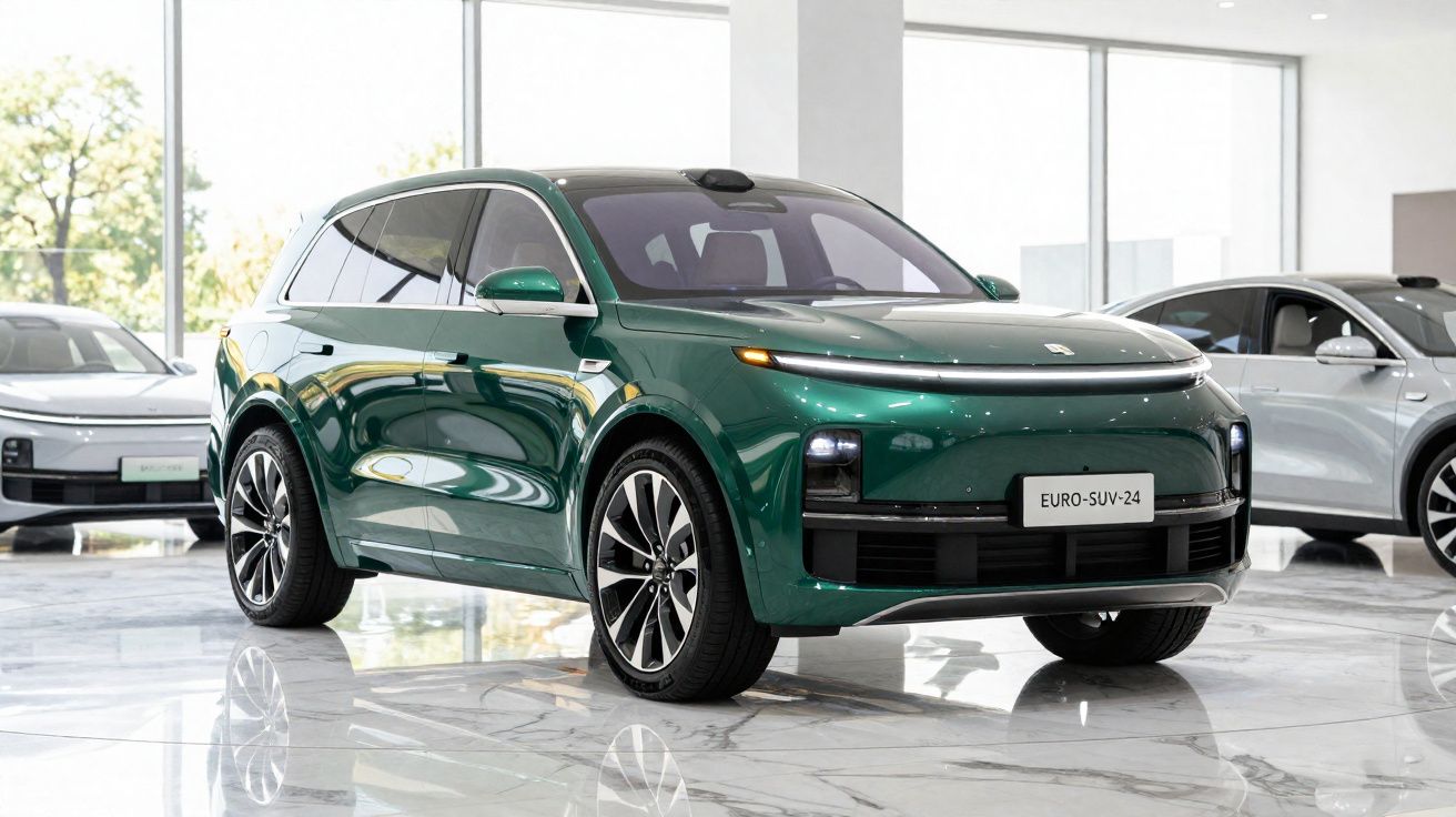 SUV elétrico verde num showroom moderno com carros cinza ao fundo e chão em mármore.