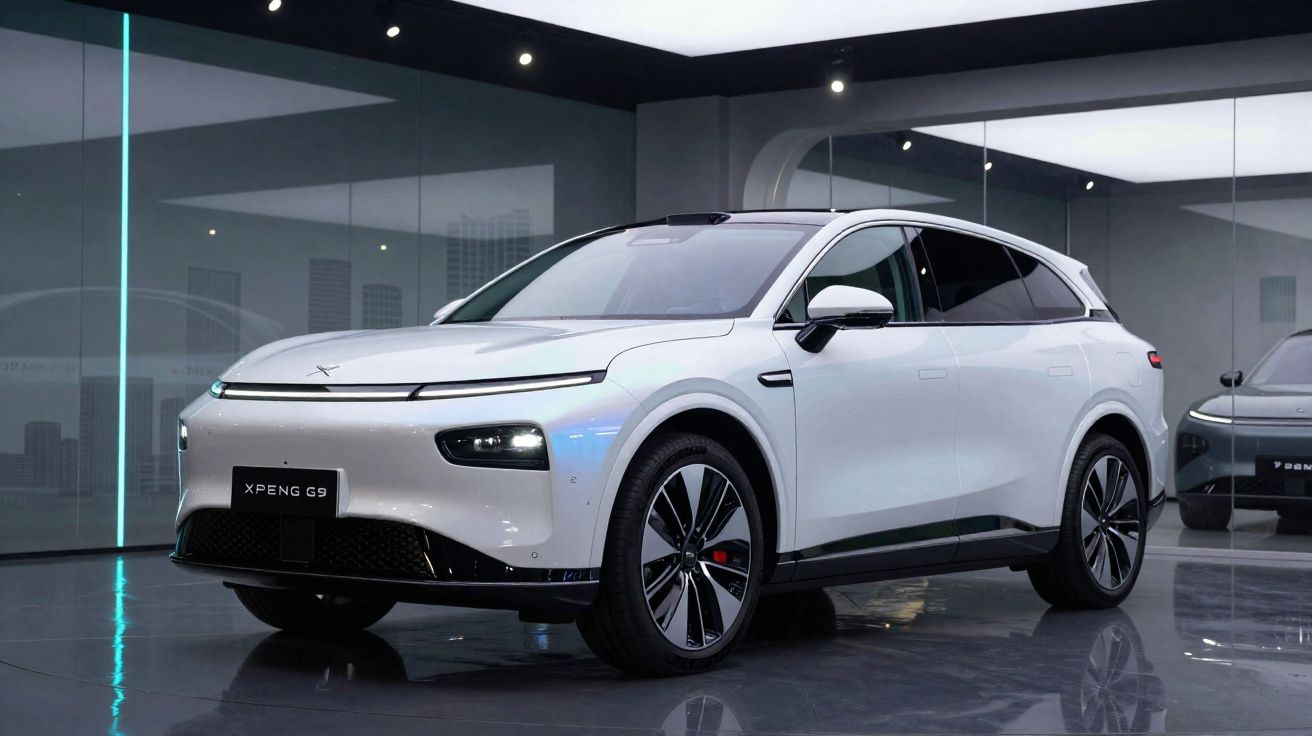 Veículo elétrico branco XPeng G9 estacionado em interior moderno com luzes LED e parede de vidro.