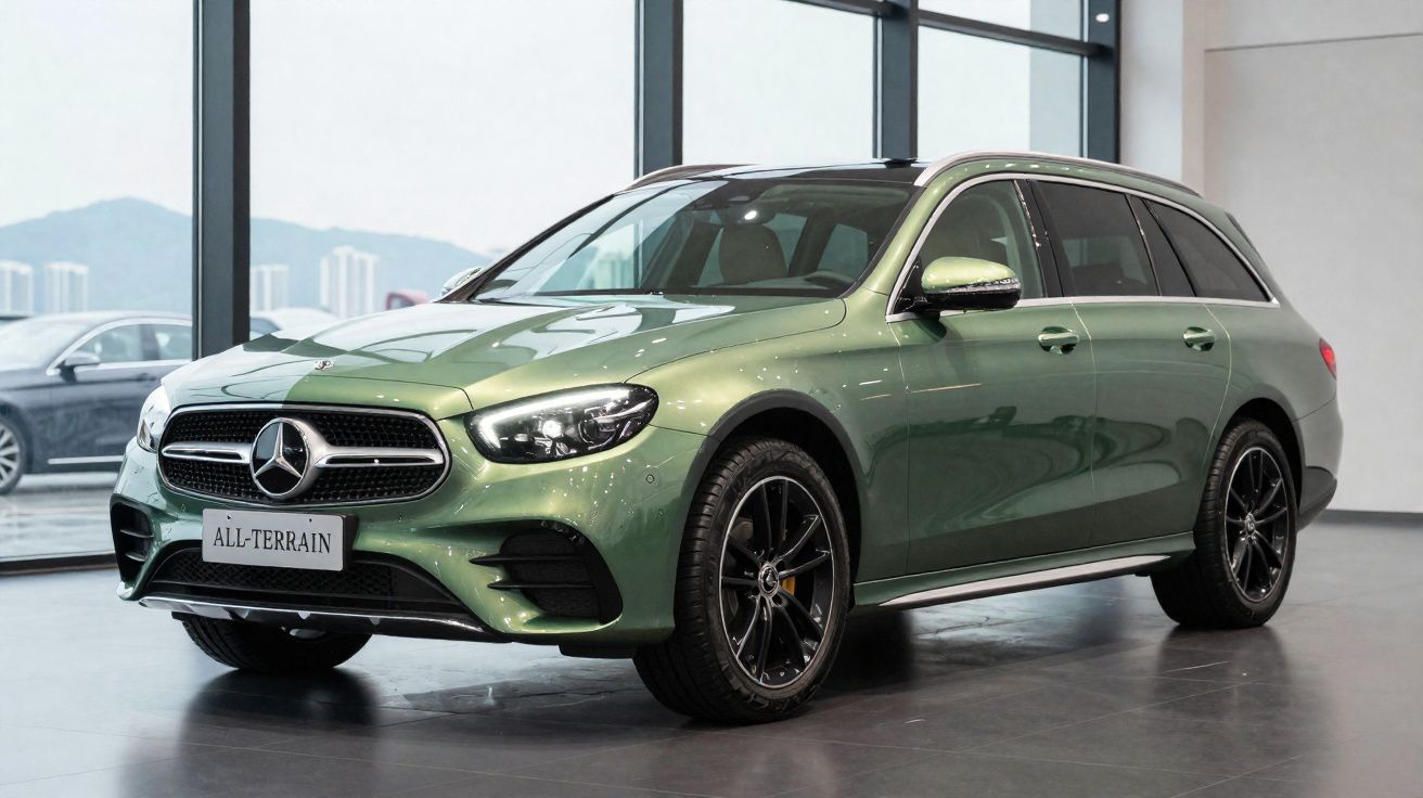 Carro Mercedes-Benz All-Terrain verde metálico estacionado em sala com janelas grandes.