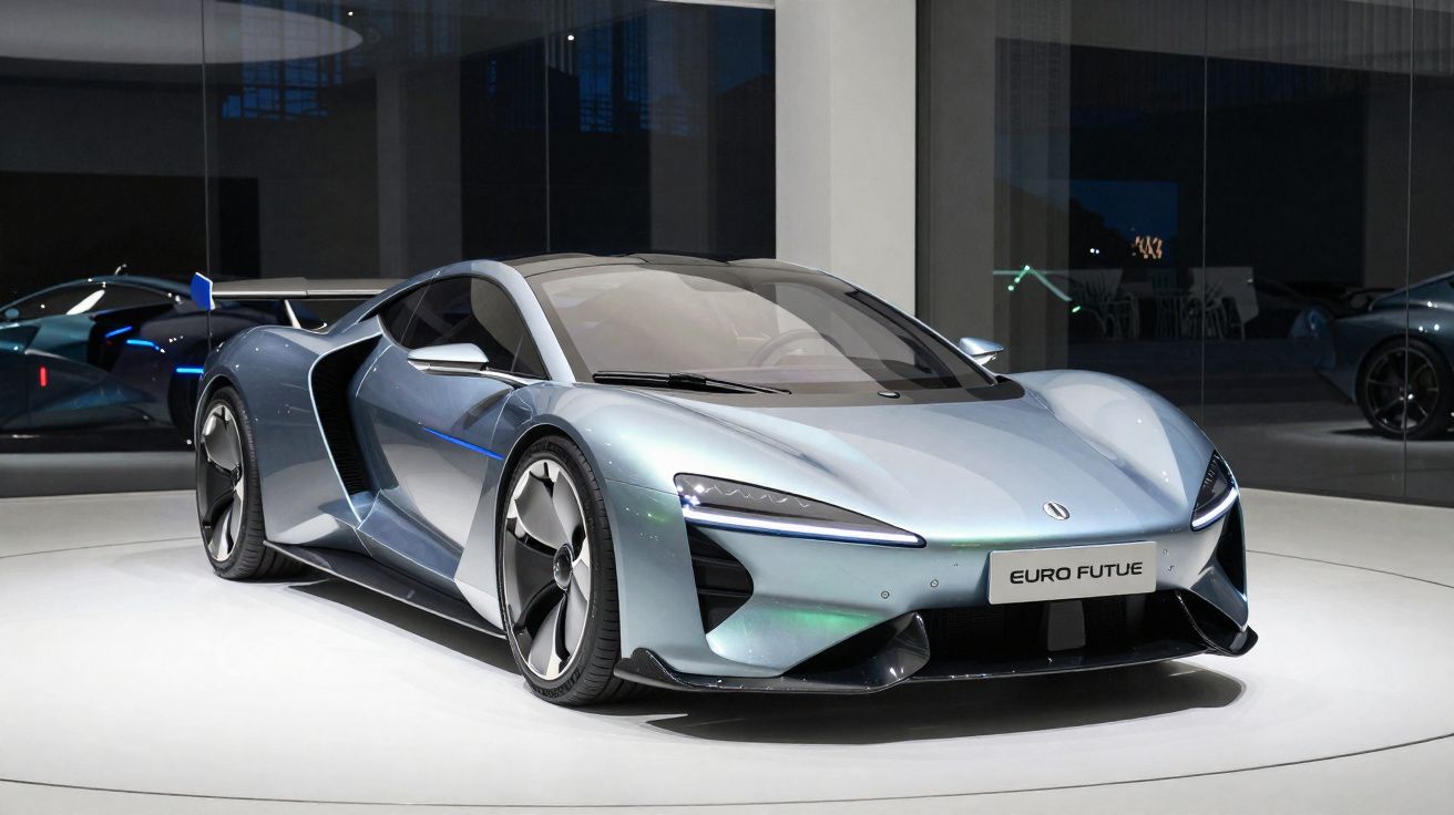 Carro desportivo elétrico futurista cinzento, exibido numa sala iluminada com paredes de vidro.