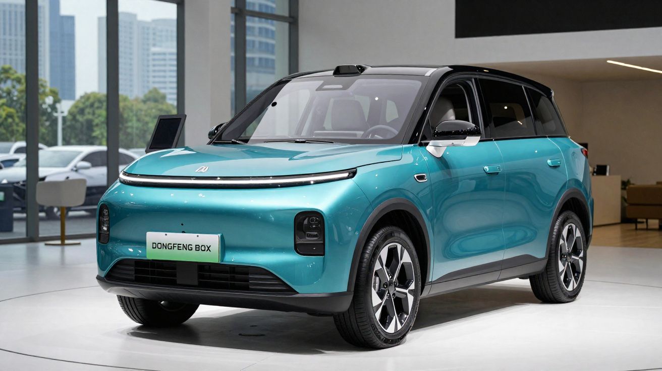 Carro elétrico azul Dongfeng Box exibido em showroom moderno com janelas amplas e prédio urbano ao fundo.