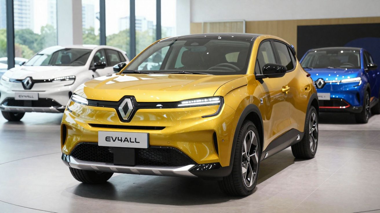 Carro elétrico Renault EV4ALL amarelo exposto em showroom com outros dois carros ao fundo, branco e azul.
