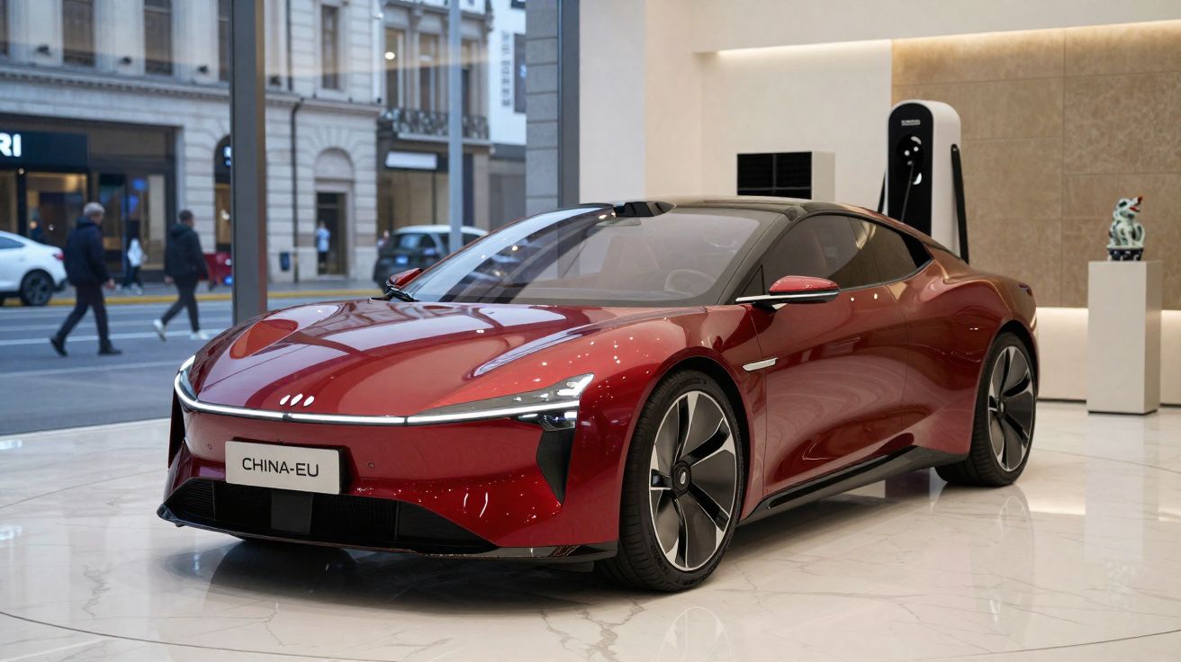 Carro desportivo elétrico vermelho com linhas aerodinâmicas exposto numa sala moderna.