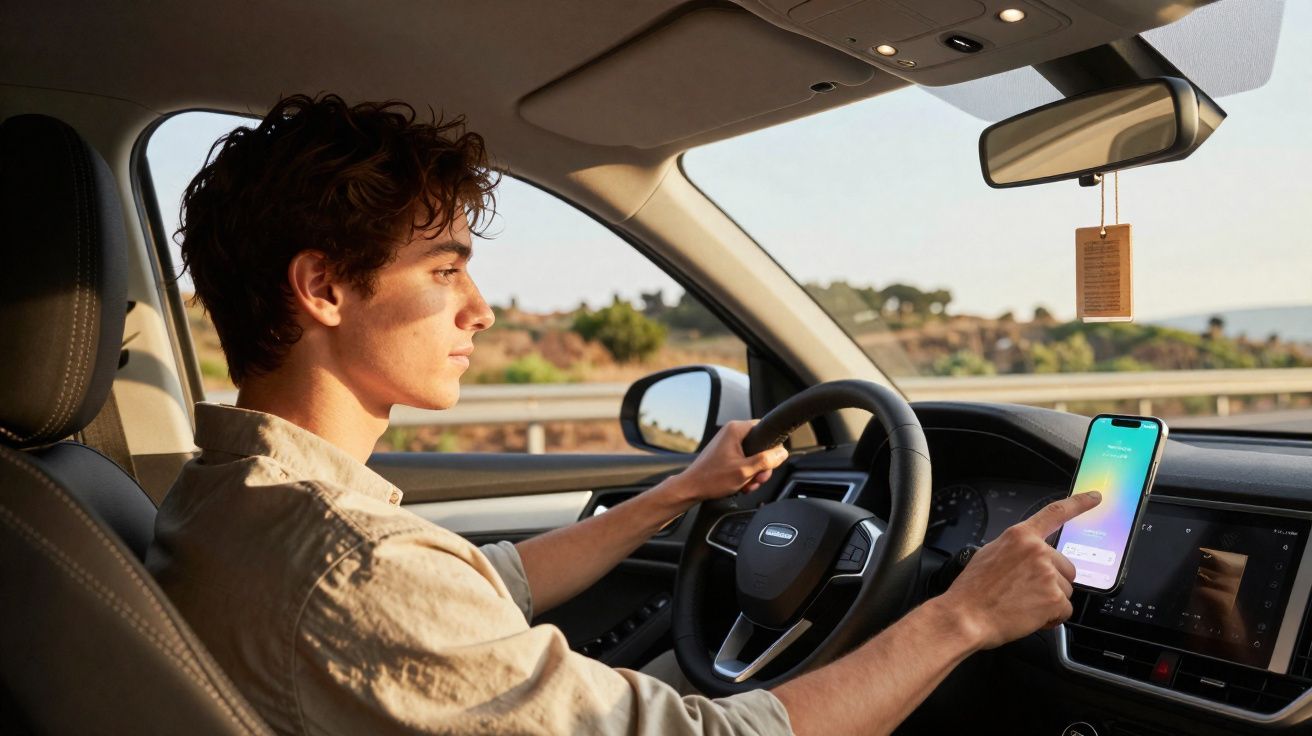 Jovem a conduzir carro enquanto interage com telemóvel montado no suporte do painel.