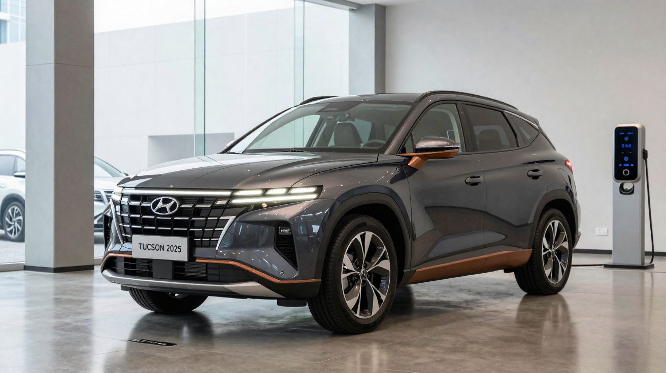 SUV Hyundai Tucson 2025 cinzento com detalhes em laranja estacionado em showroom moderno com estação de carregamento.
