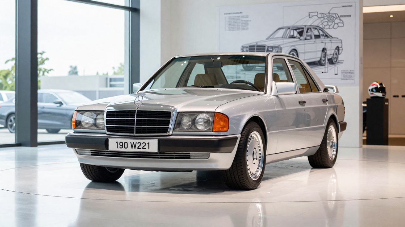 Carro clássico Mercedes-Benz 190 W221 prata exposto em sala moderna com luz natural e planta técnica no fundo.