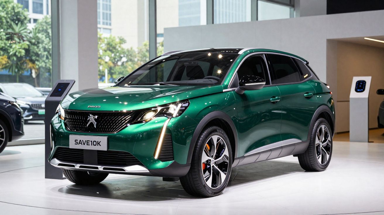 SUV verde Peugeot 3008 estacionado em showroom moderno com grandes janelas e iluminação natural.
