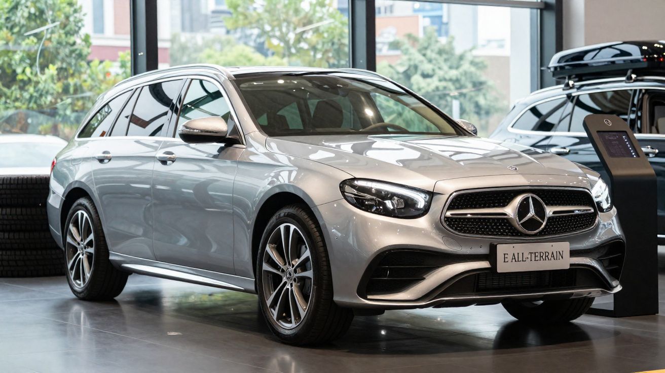 Carro Mercedes-Benz E All-Terrain prateado estacionado numa sala de exposição.