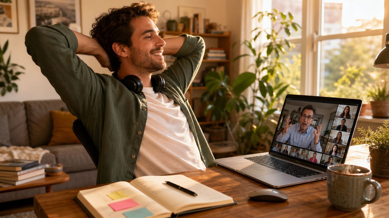 Homem relaxado com headphones ao pescoço participa em videoconferência no seu computador portátil numa sala iluminada.