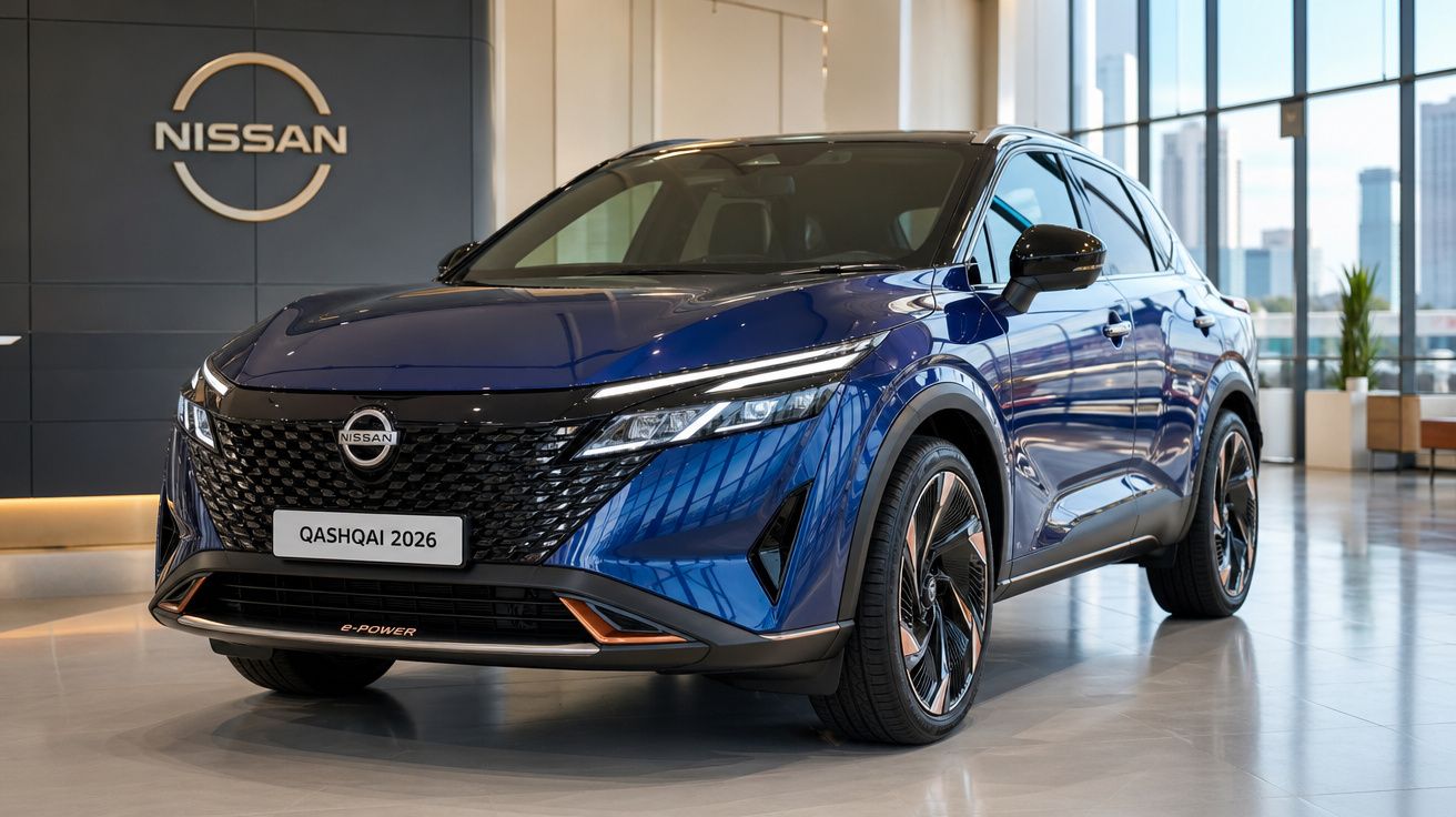 Carro Nissan Qashqai 2026 elétrico, azul, exposto numa sala moderna com janelas amplas.