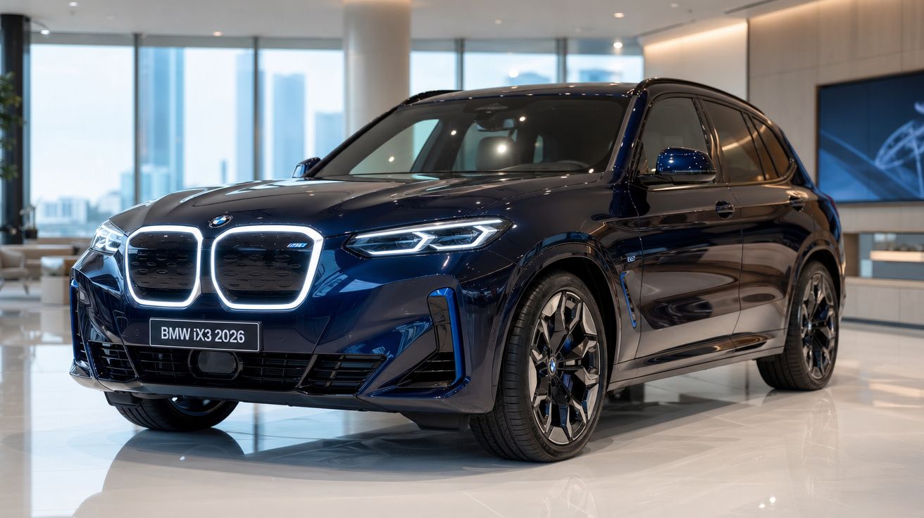 BMW iX3 2026 azul escuro, elétrico, em exposição numa sala moderna e iluminada.
