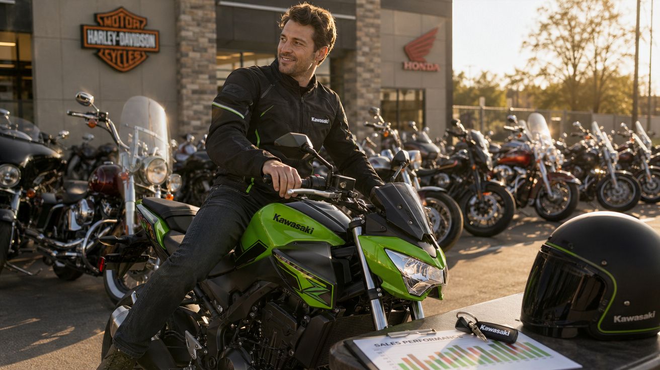 Homem sorridente sentado numa mota Kawasaki verde em concessionário de motos com capacete e documentos à frente.