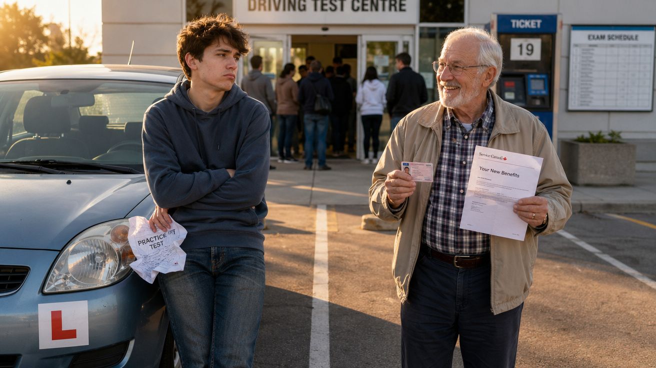Rapaz desapontado encostado em carro com autocolante L e homem mais velho feliz com carta e documento.