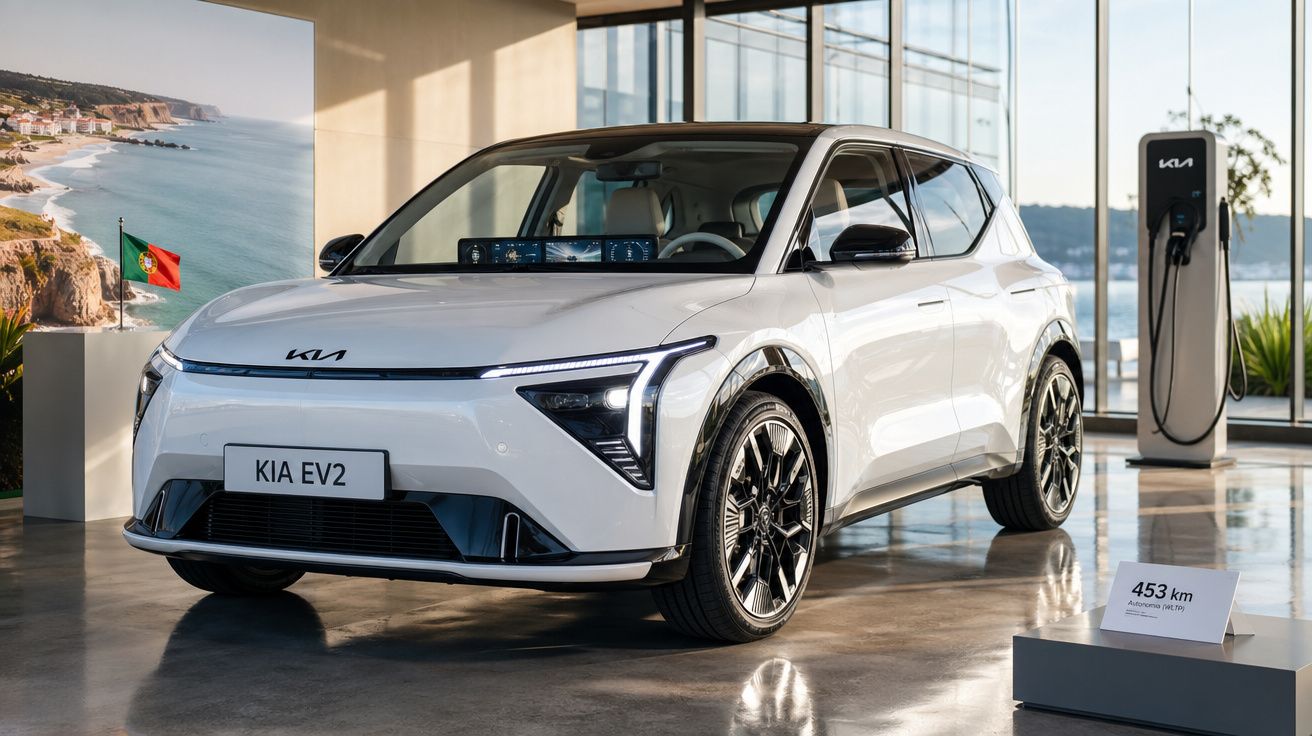 Carro elétrico branco Kia EV2 em exposição interior com carregador e placa com autonomia de 453 km.