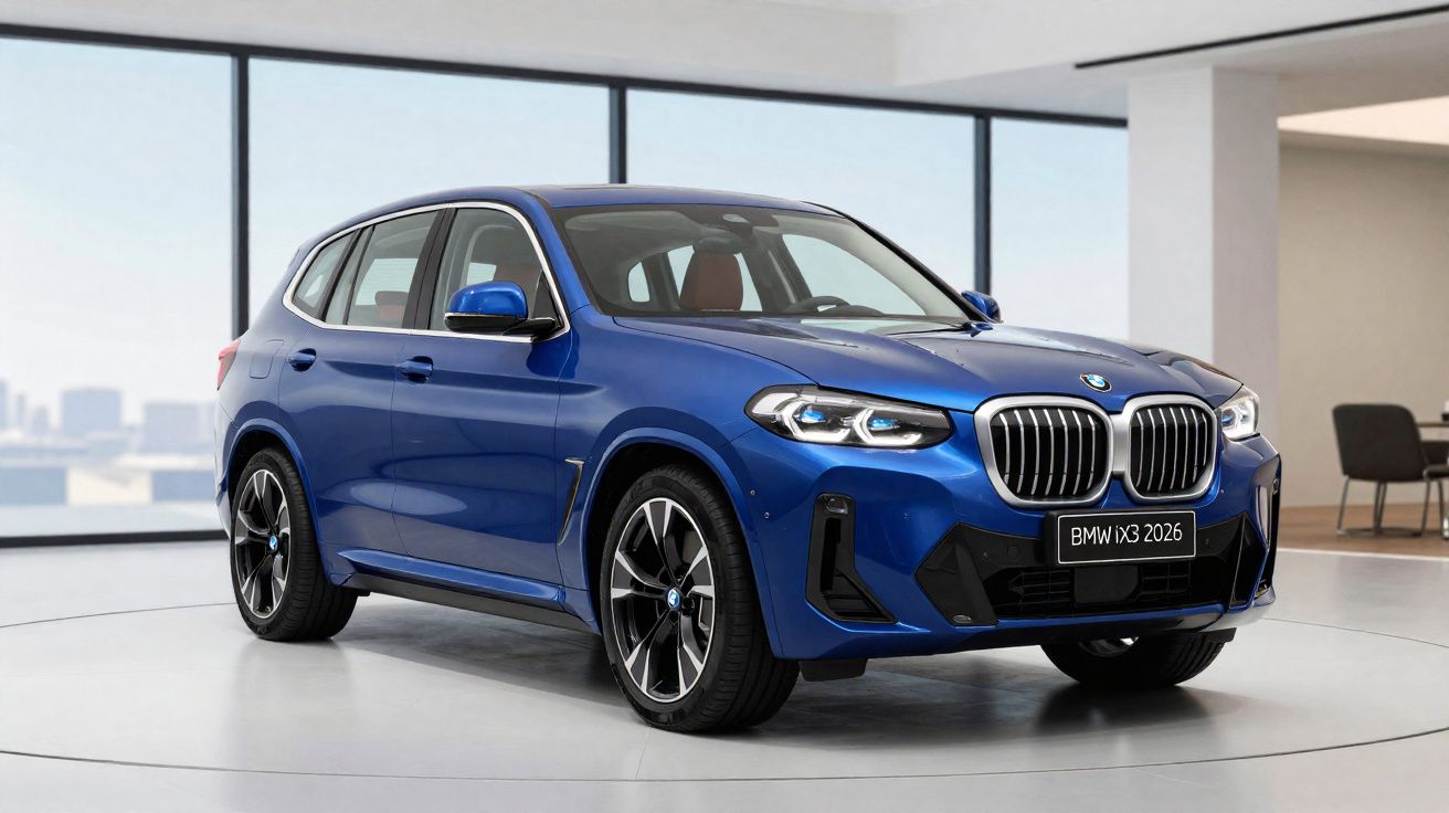 Carro BMW iX3 2026 azul num espaço interior moderno com janelas grandes e cadeiras ao fundo.
