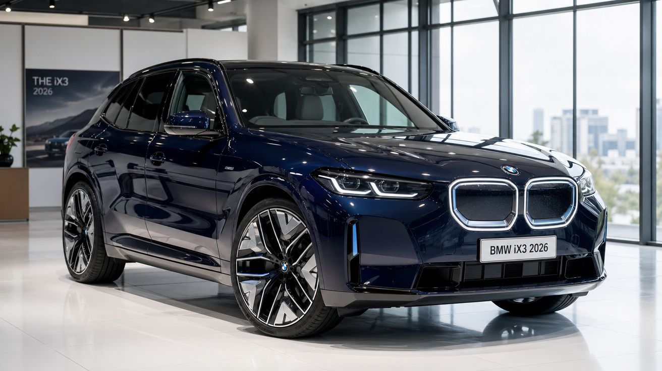 BMW iX3 2026 azul escuro estacionado numa sala de exposição moderna com janelas grandes.