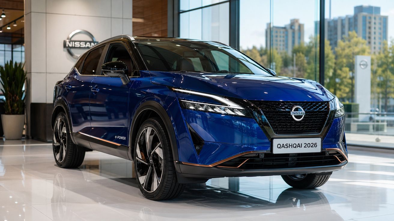 Carro SUV Nissan Qashqai 2026 azul estacionado em salão de exposições moderno com janelas grandes.