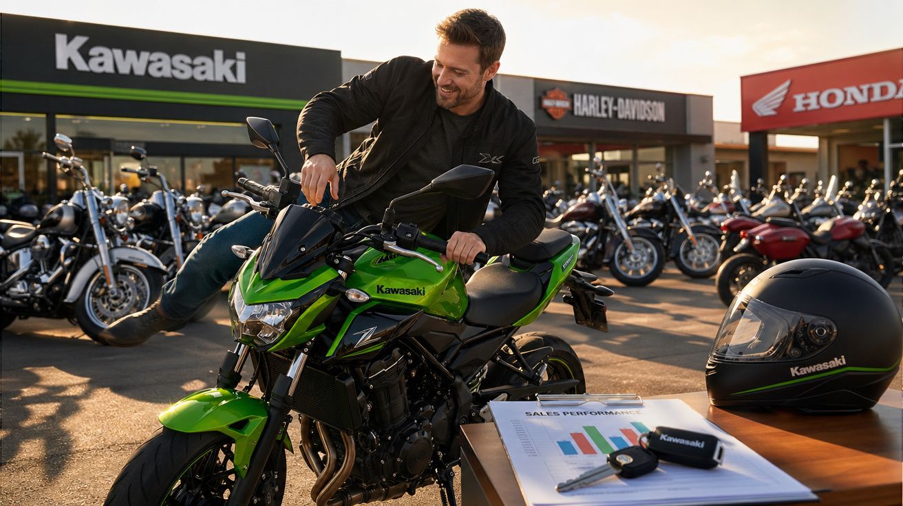 Homem a sentar-se numa mota verde Kawasaki numa loja com várias motos e capacete Kawasaki sobre mesa.