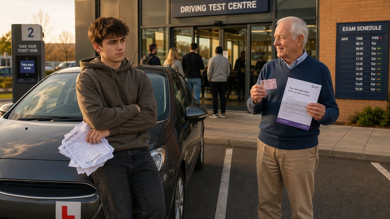 Homem idoso sorri com carta de condução e jovem ao lado de carro com símbolo L em frente a centro de testes de condução.