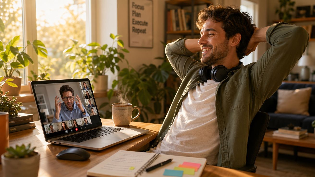 Homem relaxado com auscultadores ao redor do pescoço participa em videochamada numa mesa com caderno e chá.