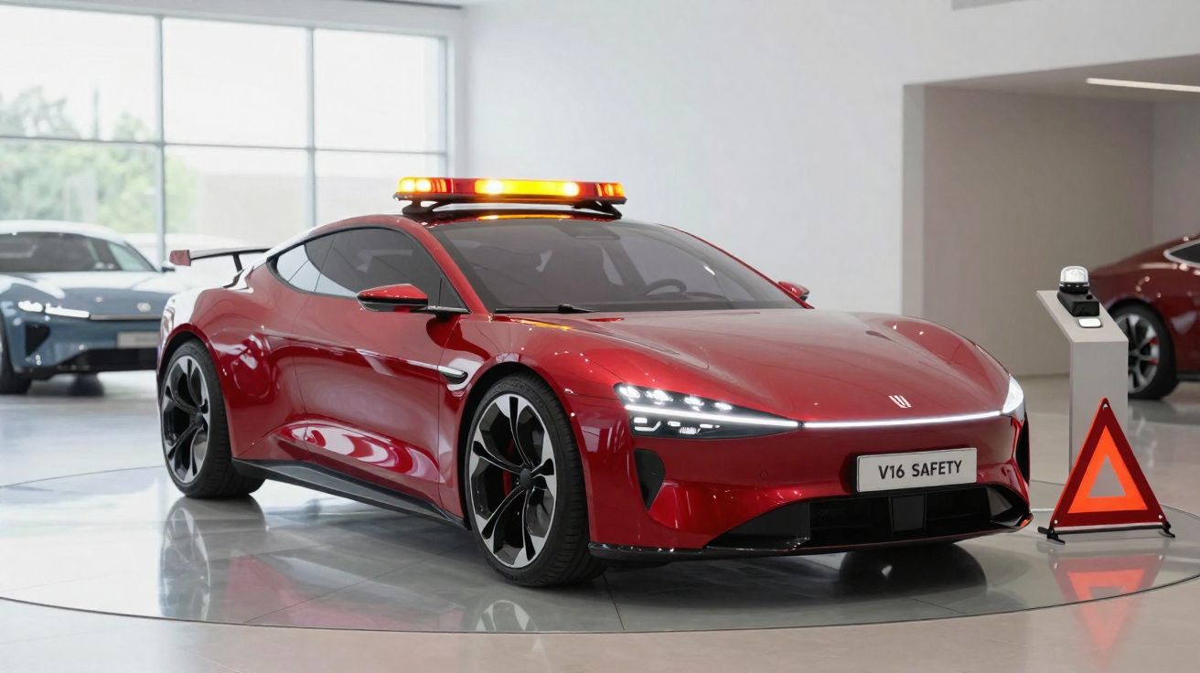 Carro desportivo vermelho com luzes de sinalização no tejadilho exposto em showroom moderno.