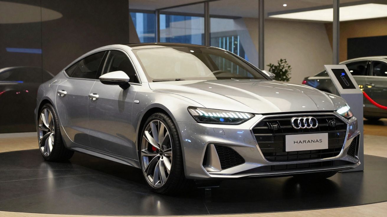 Carro desportivo Audi prata estacionado em exposição num ambiente moderno e sofisticado.