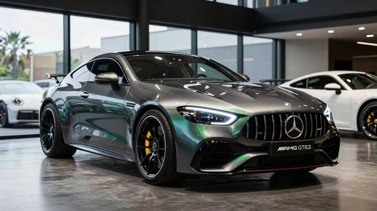 Mercedes AMG GT63 cinzento metálico estacionado em salão de automóveis moderno com teto alto e luz natural.