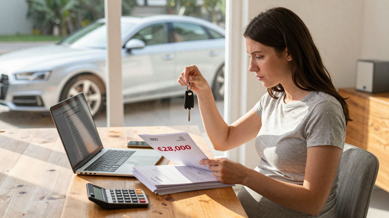Mulher segurando chave de carro e documento com preço de 28.000 euros sentada à mesa com computador e calculadora.