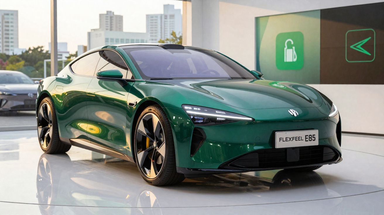 Carro esportivo elétrico verde brilhante estendido numa garagem moderna com luz natural.