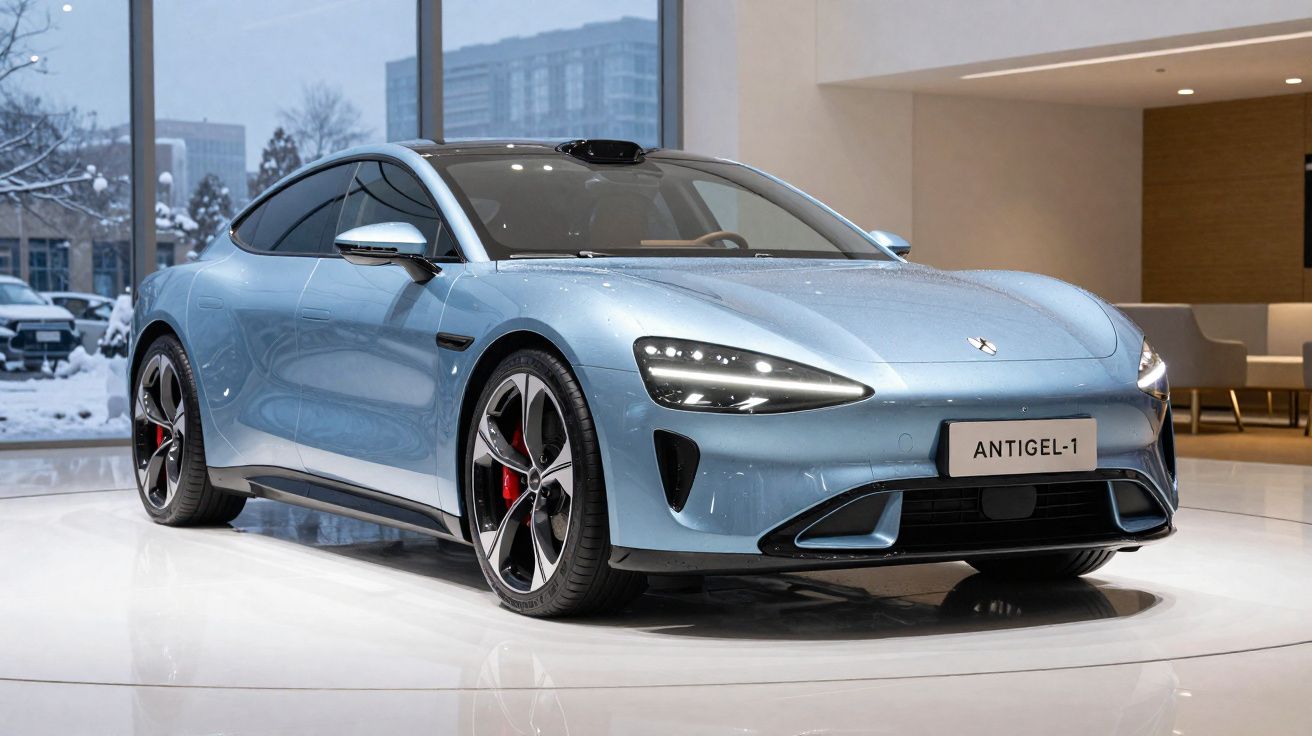 Carro desportivo elétrico azul claro ANTIGEL-1 exibido em espaço moderno e iluminado interior.