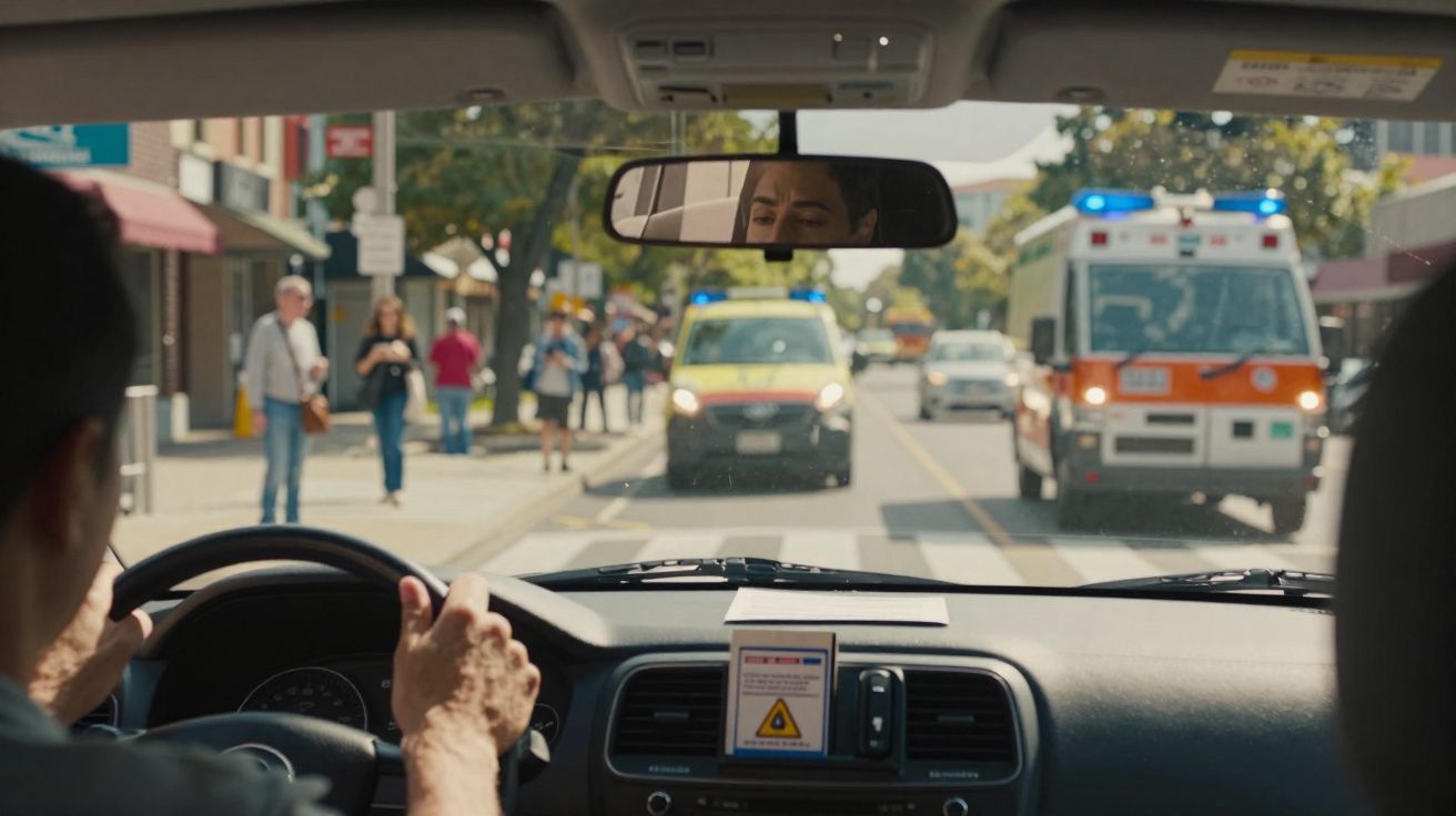 Vista interior de um carro com polícia e ambulância a aproximar-se numa rua movimentada com peões na calçada.
