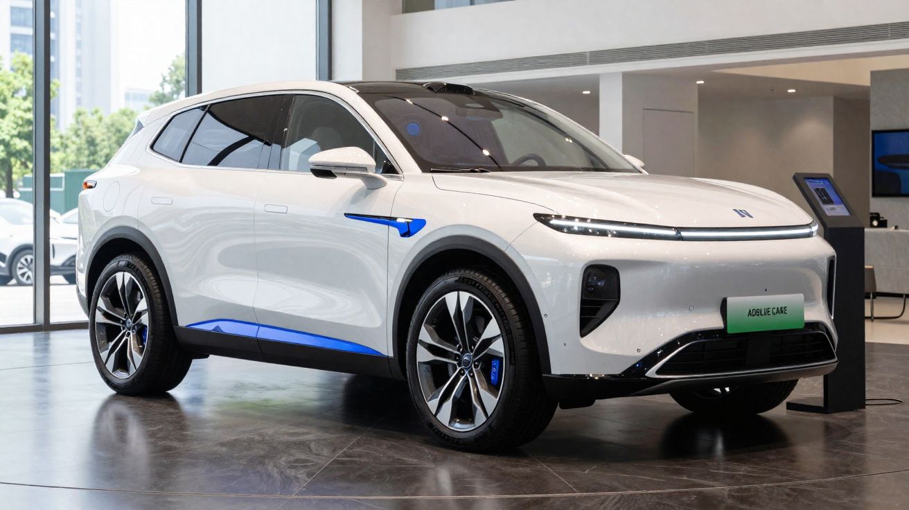 Carro elétrico branco moderno exposto em showroom com detalhes azuis e jantes prateadas e pretas.