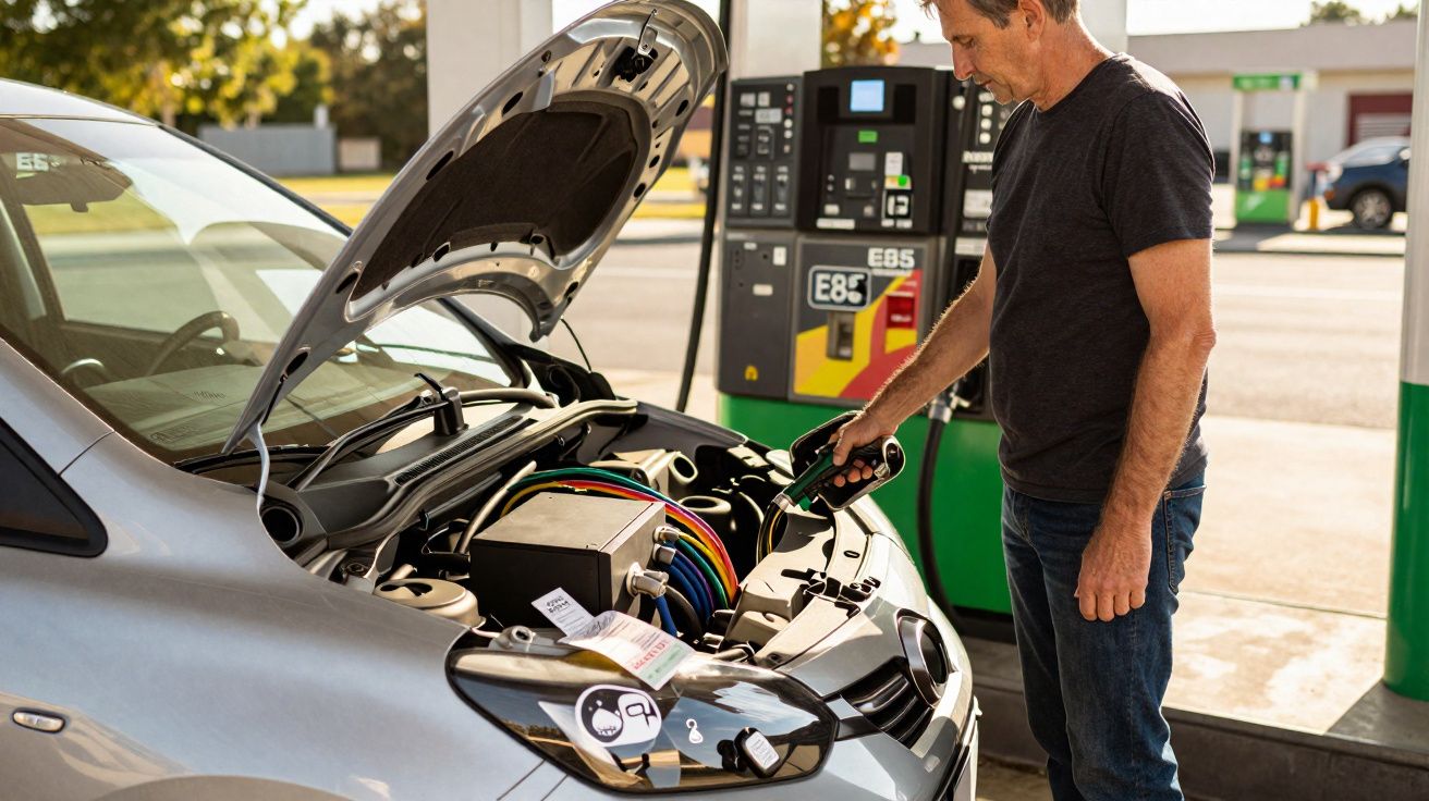 Homem a carregar um carro elétrico numa estação de carregamento com o capot aberto.