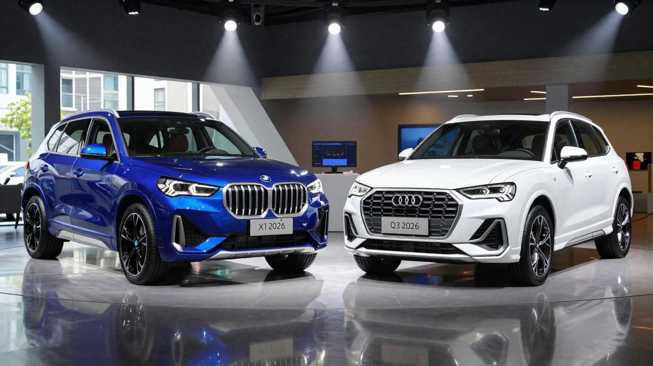 Dois carros SUV novos, um BMW X1 azul e um Audi Q3 branco, expostos em sala moderna com luzes no teto.