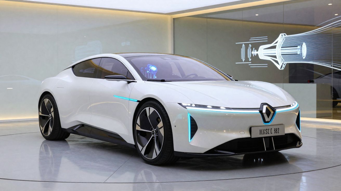 Carro elétrico branco futurista da Renault exibido numa sala de exposição moderna com iluminação suave.