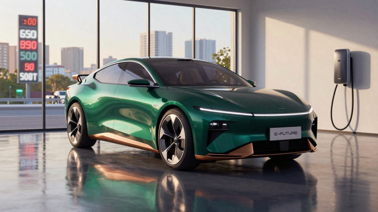 Automóvel desportivo eléctrico verde estacionado num espaço interior com carregador na parede.
